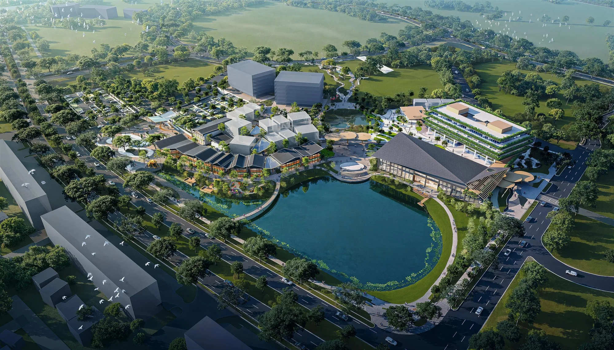 Aerial render of a lakeside mixed-use district, final