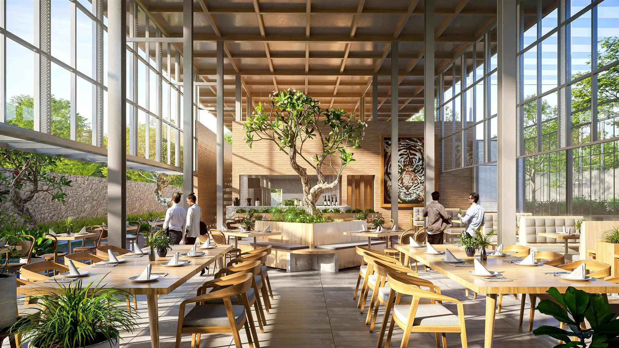 Restaurant hall with a timber roof, glass walls and a tree at its centre